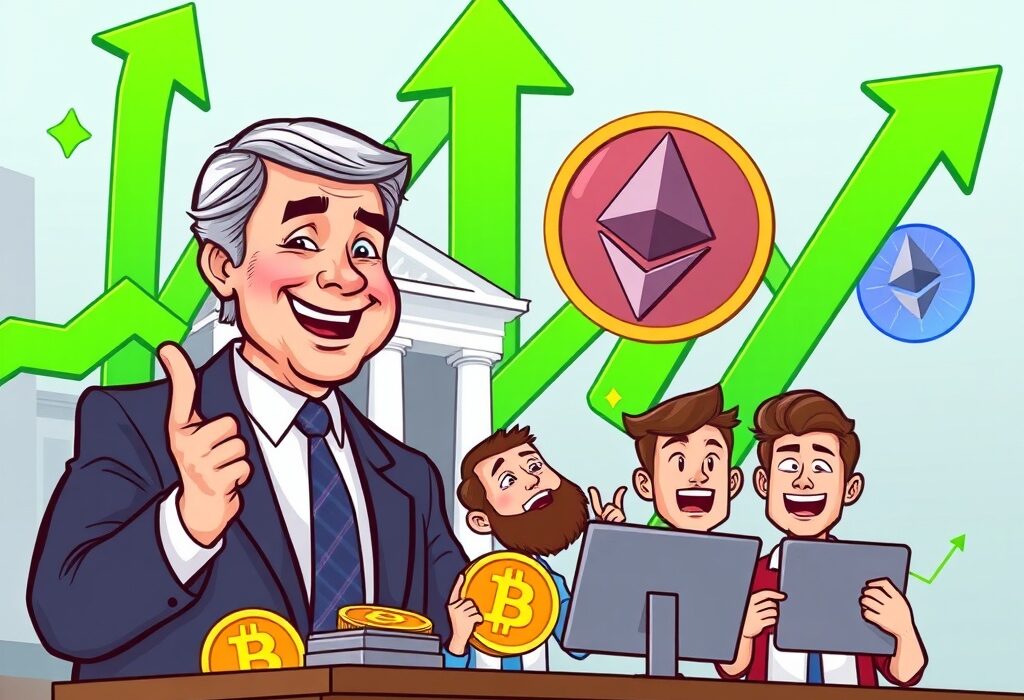 Cartoon showing crypto market sentiment turning to greed as a dovish Fed decision sparks a rally for Bitcoin and Ethereum.
