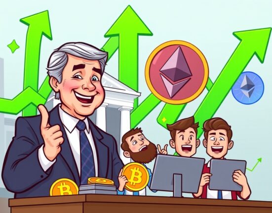 Cartoon showing crypto market sentiment turning to greed as a dovish Fed decision sparks a rally for Bitcoin and Ethereum.