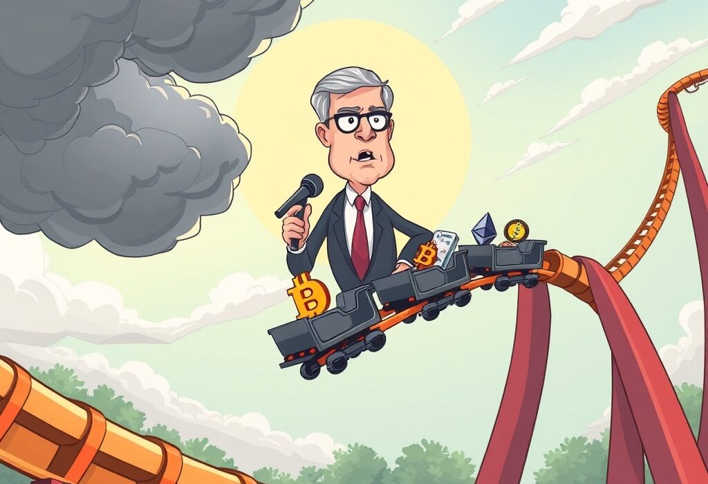 A cartoon illustration showing the volatile nature of crypto market sentiment with Bitcoin and Ethereum prices on a rollercoaster, influenced by a speaker.