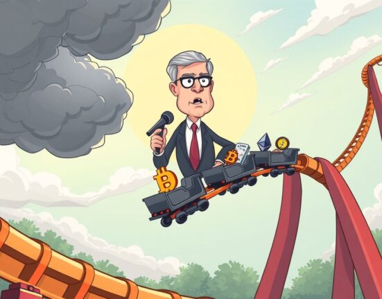 A cartoon illustration showing the volatile nature of crypto market sentiment with Bitcoin and Ethereum prices on a rollercoaster, influenced by a speaker.