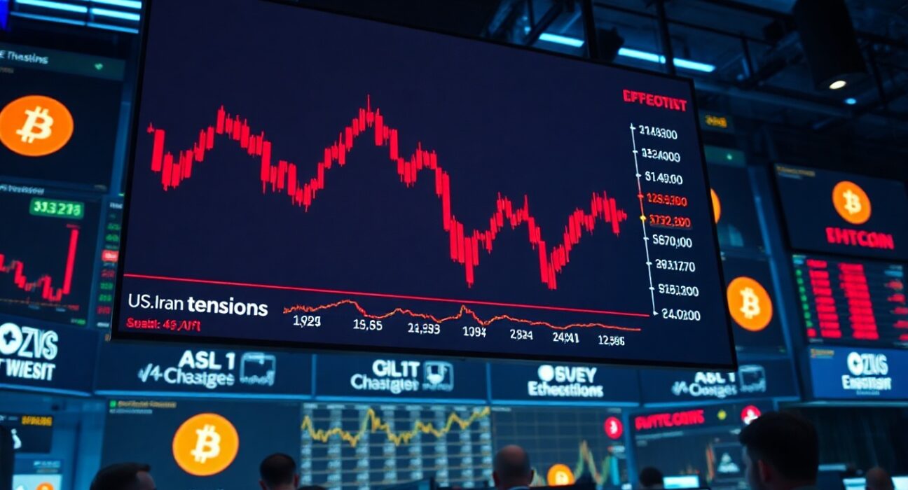Digital trading screen showing sharp decline in cryptocurrency prices amid geopolitical tensions