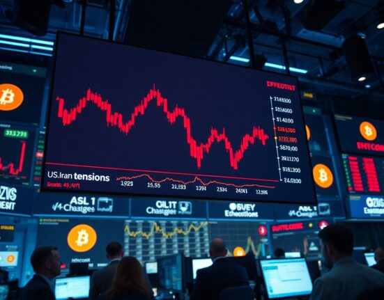 Digital trading screen showing sharp decline in cryptocurrency prices amid geopolitical tensions