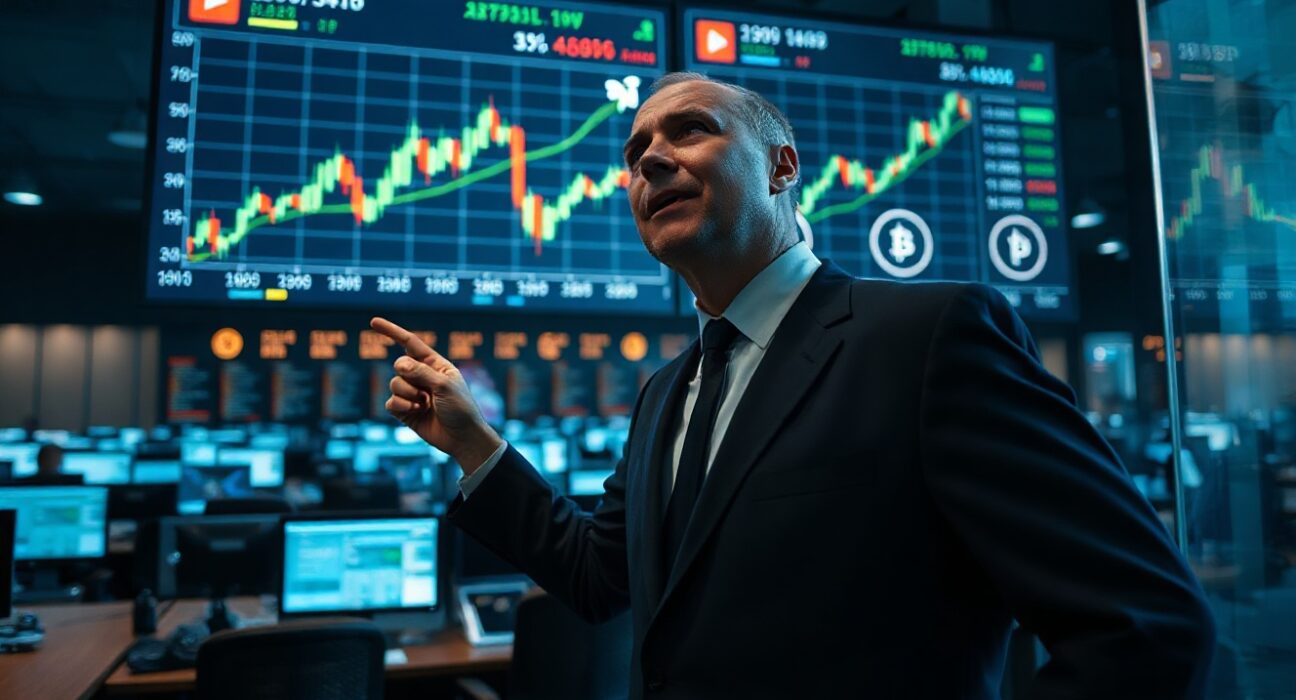 Financial analyst pointing at a sideways crypto chart on a monitor in a trading room