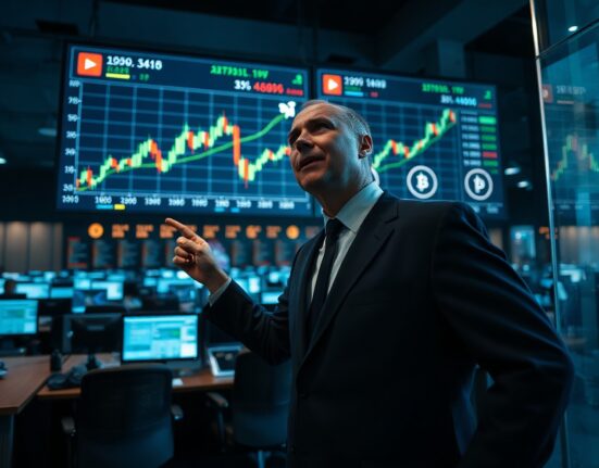 Financial analyst pointing at a sideways crypto chart on a monitor in a trading room