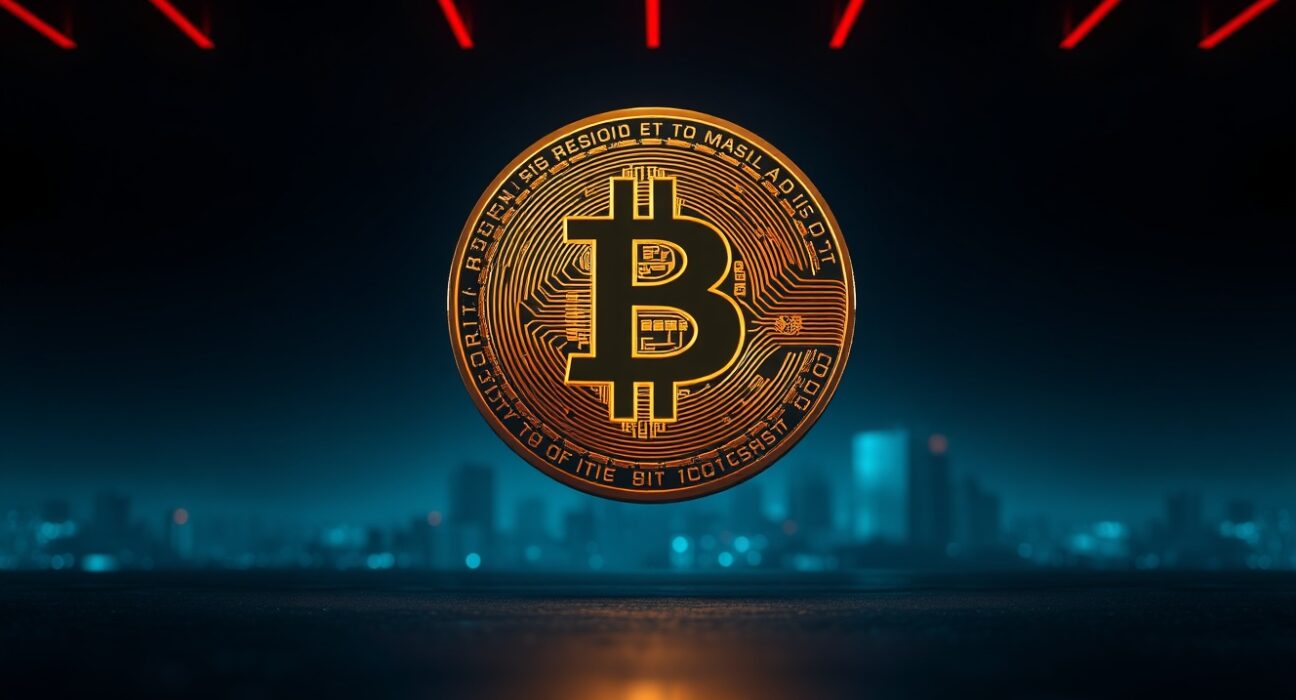 Bitcoin coin against dark background with red downward trend lines symbolizing market decline