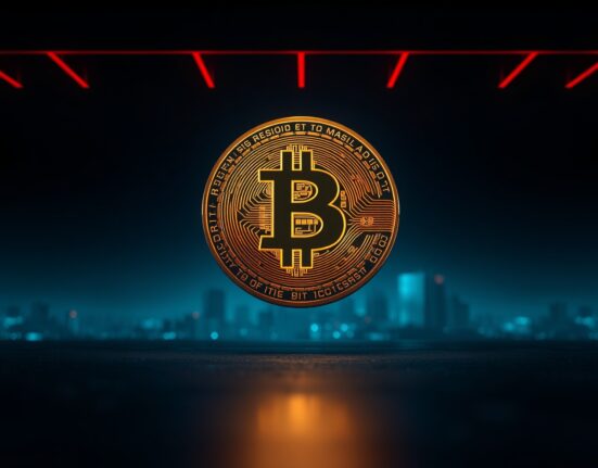 Bitcoin coin against dark background with red downward trend lines symbolizing market decline