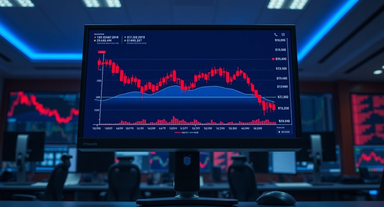 Cryptocurrency trading chart with declining red candlesticks on a monitor in a dark office