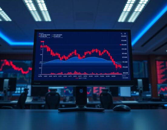 Cryptocurrency trading chart with declining red candlesticks on a monitor in a dark office