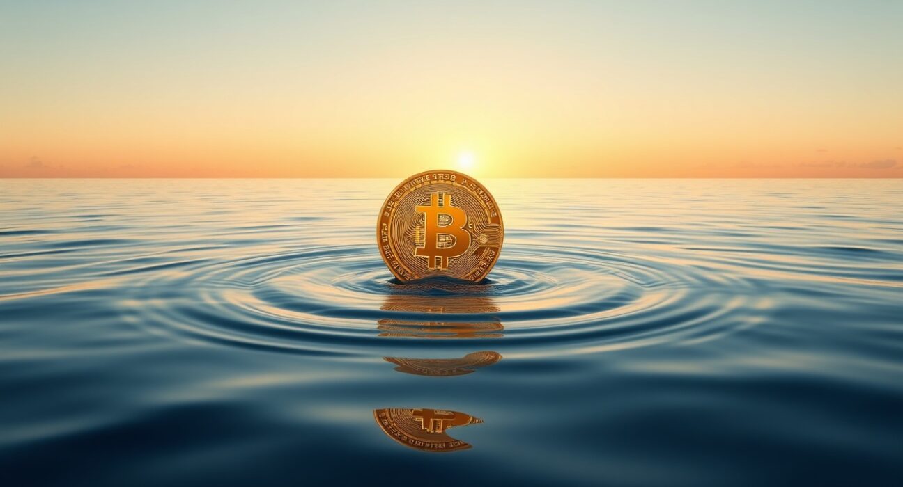 Bitcoin coin as a central anchor in a calm sea, representing crypto market stabilizing with BTC as pivotal anchor