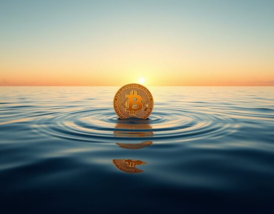 Bitcoin coin as a central anchor in a calm sea, representing crypto market stabilizing with BTC as pivotal anchor
