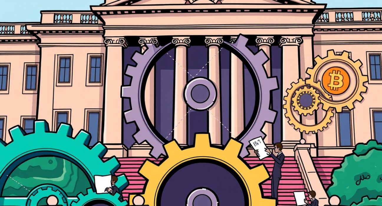 Cartoon illustration of senators collaborating on a bipartisan crypto market structure bill to shape future regulation.