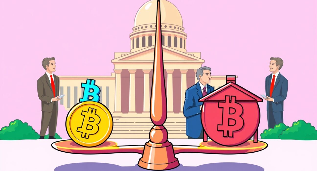 Cartoon illustration of crypto market structure bill balancing cryptocurrency and government regulation