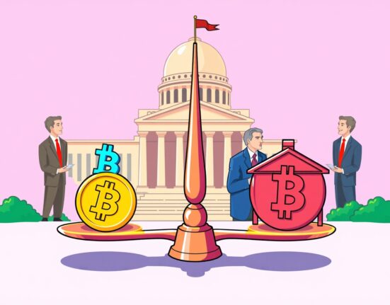 Cartoon illustration of crypto market structure bill balancing cryptocurrency and government regulation
