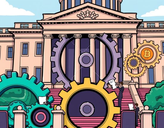 Cartoon showing US senators working on a crucial crypto market structure bill, symbolizing legislative progress for digital assets.