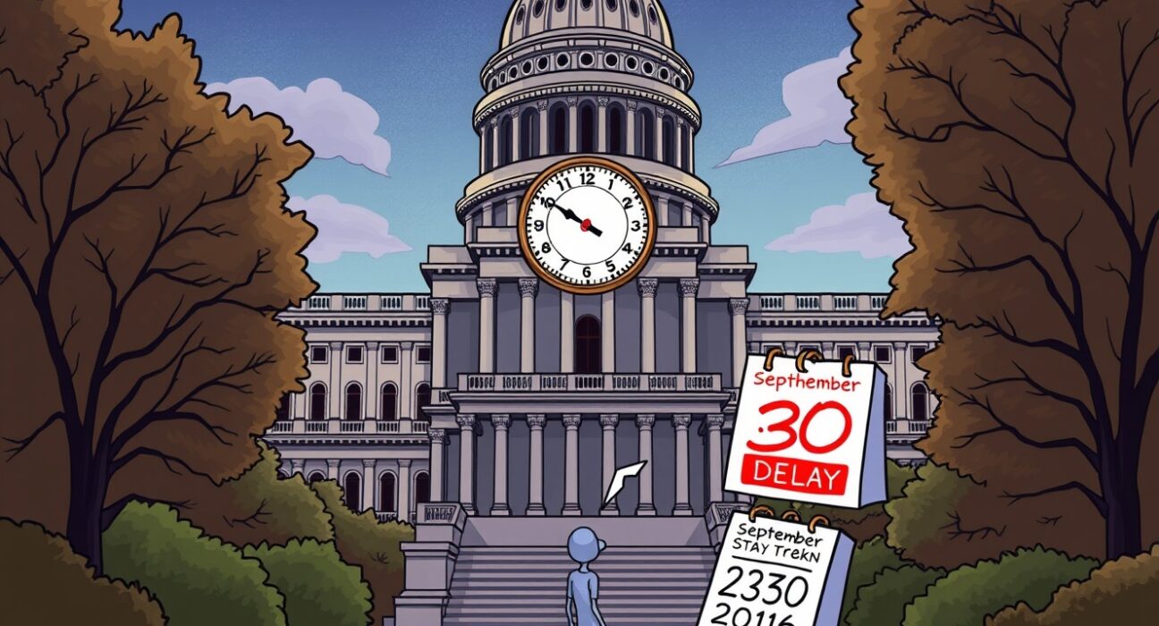 A cartoon illustration showing a delayed vote on the crypto market structure bill in the Senate, highlighting political hurdles.