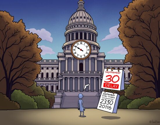 A cartoon illustration showing a delayed vote on the crypto market structure bill in the Senate, highlighting political hurdles.