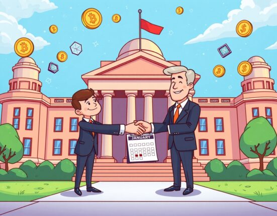 Cartoon illustration of the crypto market structure bill being discussed in a vibrant government setting.