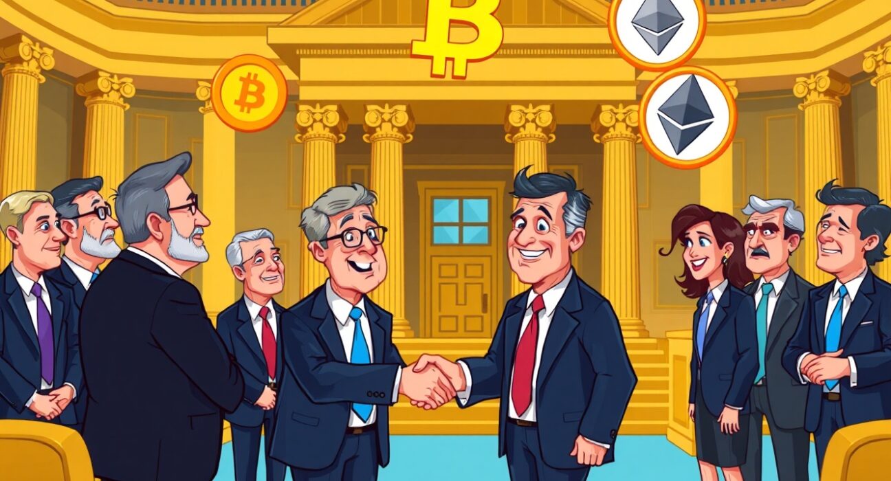 Illustration of bank CEOs and senators discussing the crypto market structure bill in a government setting.