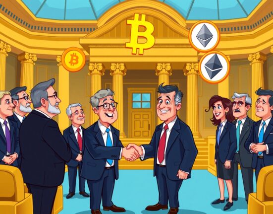 Illustration of bank CEOs and senators discussing the crypto market structure bill in a government setting.