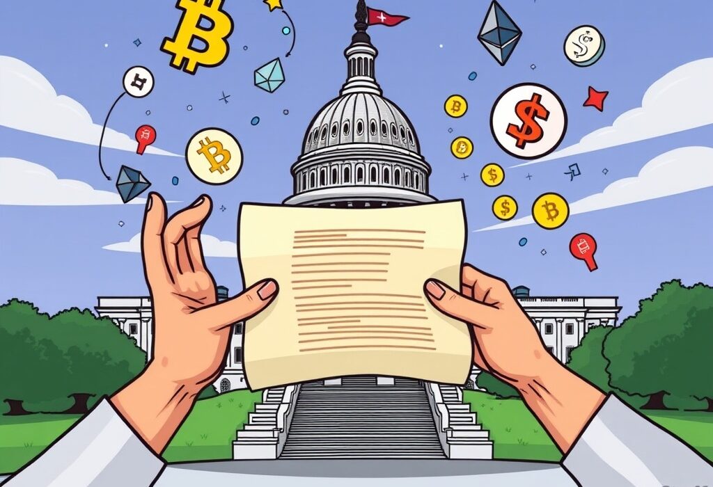 A cartoon illustration showing the US Capitol Building with gears turning, representing the urgent push for the crypto market structure bill.