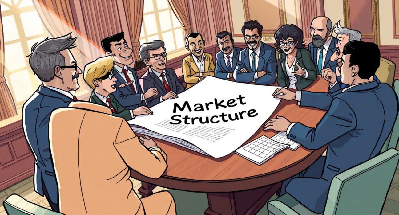 Cartoon illustration of crypto industry leaders discussing market structure bill with US senators in a meeting room