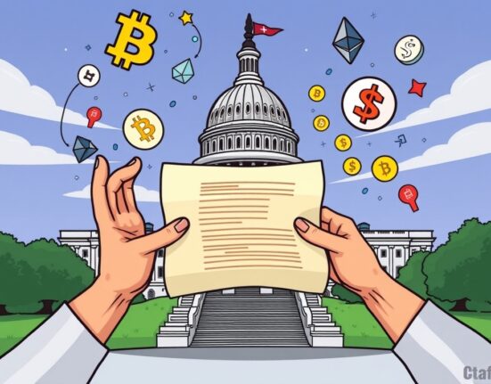 A cartoon illustration showing the US Capitol Building with gears turning, representing the urgent push for the crypto market structure bill.