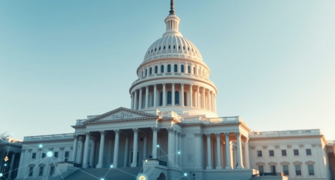 US Capitol building with digital blockchain overlay representing crypto market structure bill bipartisan support