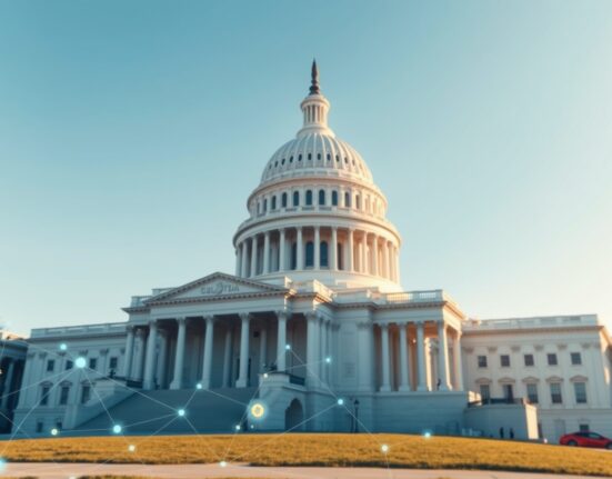 US Capitol building with digital blockchain overlay representing crypto market structure bill bipartisan support