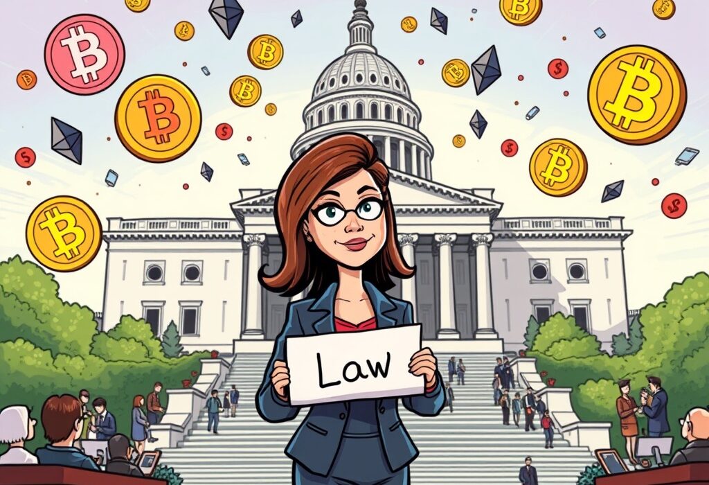 A cartoon senator holding a 'Law' scroll, symbolizing the upcoming crypto market structure law and its impact on digital assets.