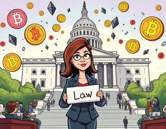 A cartoon senator holding a 'Law' scroll, symbolizing the upcoming crypto market structure law and its impact on digital assets.