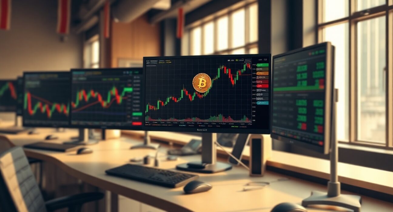 Trading monitors displaying Bitcoin, Ethereum, and XRP charts on a professional trading floor