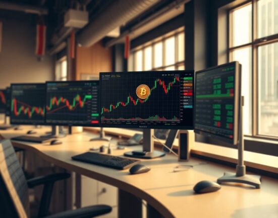 Trading monitors displaying Bitcoin, Ethereum, and XRP charts on a professional trading floor
