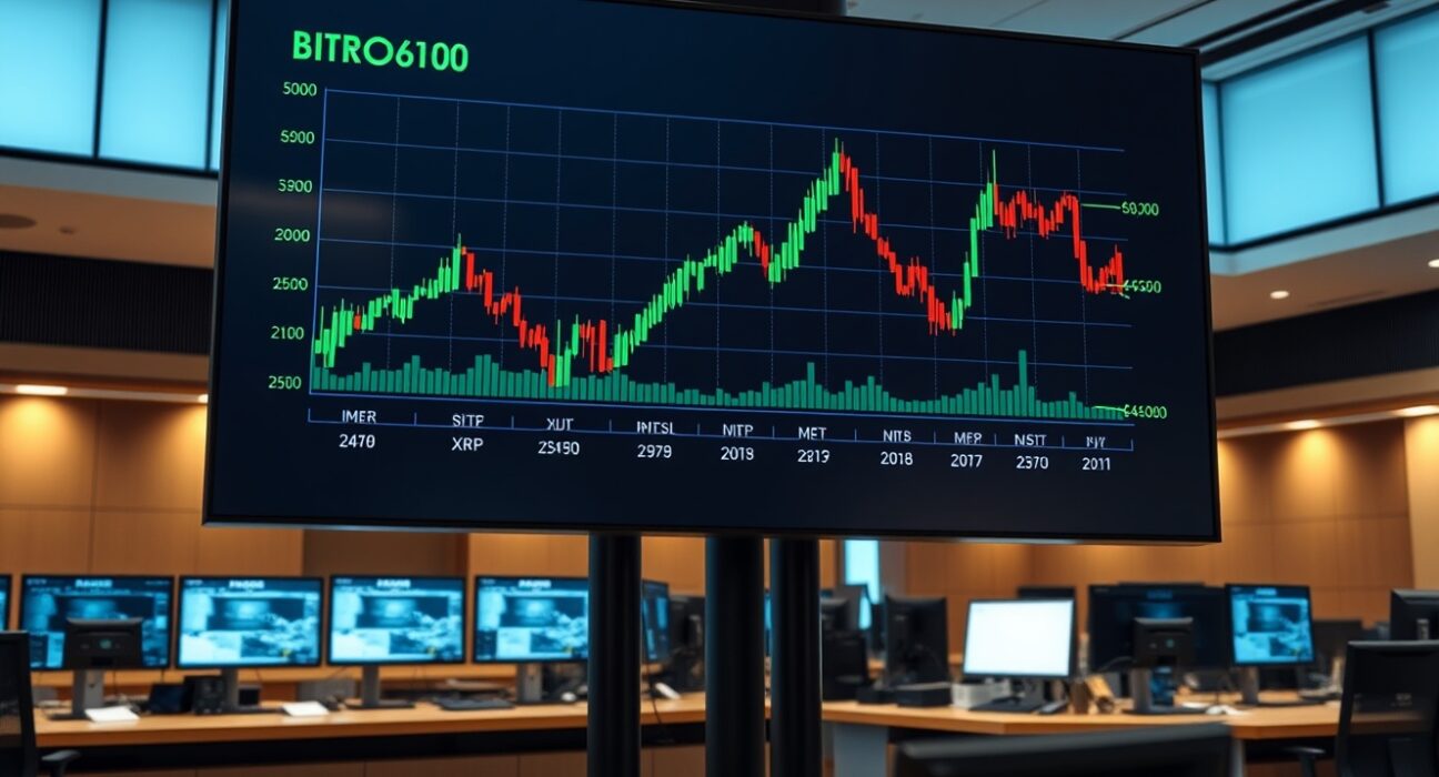 Digital display showing Bitcoin, Ethereum, and XRP price charts with green indicators in a newsroom setting
