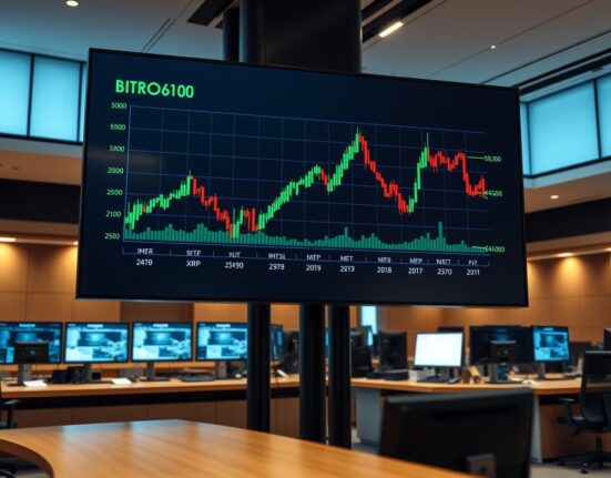 Digital display showing Bitcoin, Ethereum, and XRP price charts with green indicators in a newsroom setting