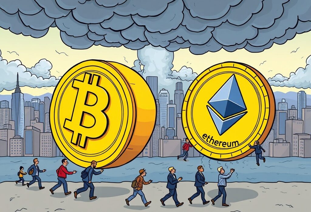 Cartoon showing a shift from Bitcoin to Ethereum, symbolizing potential Crypto Market Volatility due to institutional capital rotation.