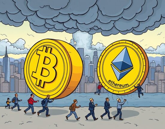 Cartoon showing a shift from Bitcoin to Ethereum, symbolizing potential Crypto Market Volatility due to institutional capital rotation.