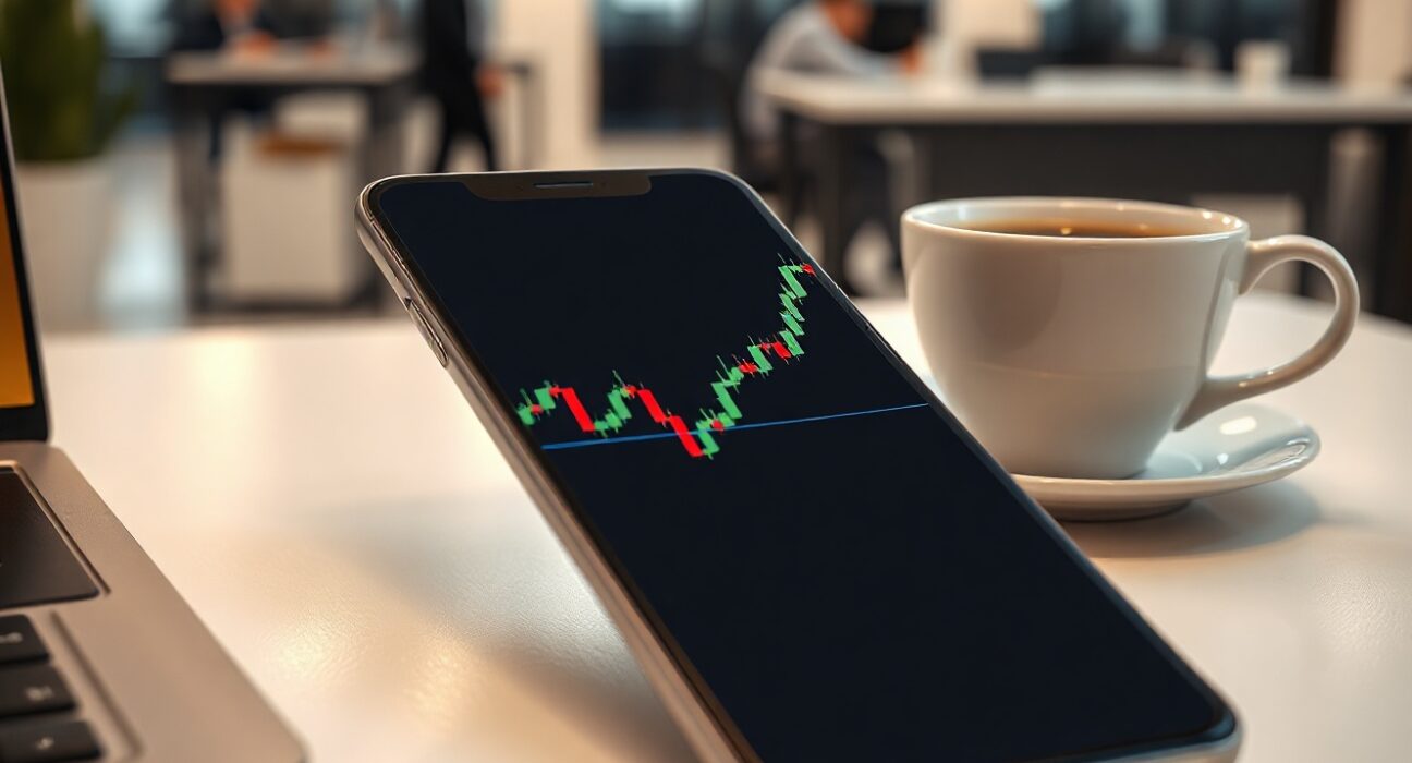 Smartphone showing cryptocurrency price charts on a desk, representing market analysis.