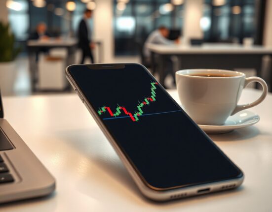 Smartphone showing cryptocurrency price charts on a desk, representing market analysis.