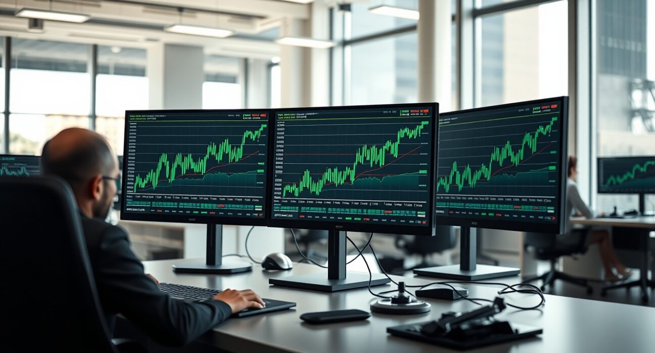 Cryptocurrency price charts showing upward momentum on trading monitors in a modern office