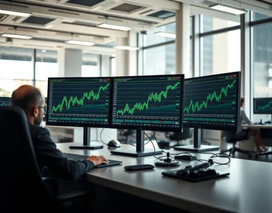Cryptocurrency price charts showing upward momentum on trading monitors in a modern office