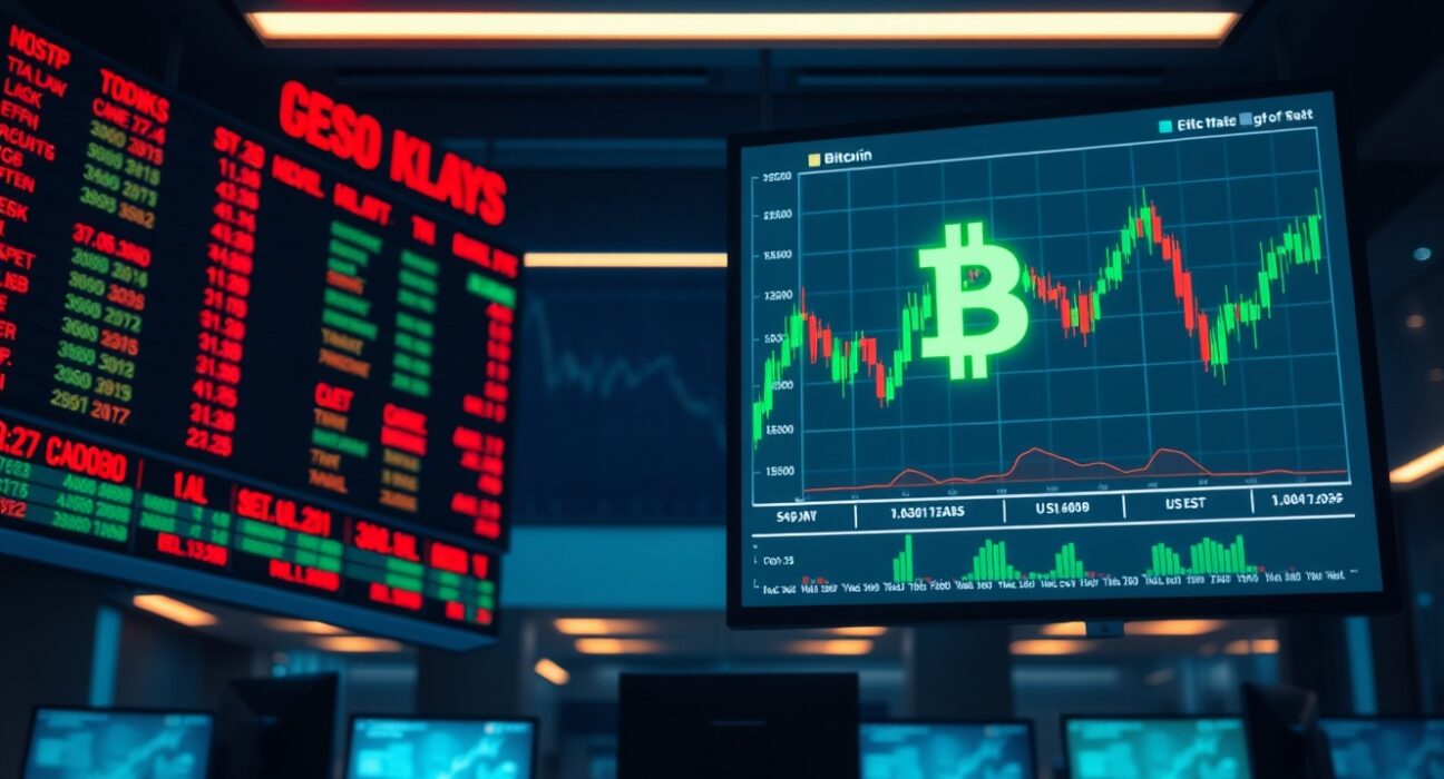 Split view of a stock exchange board showing red declines and a digital crypto chart with green gains, representing market divergence.