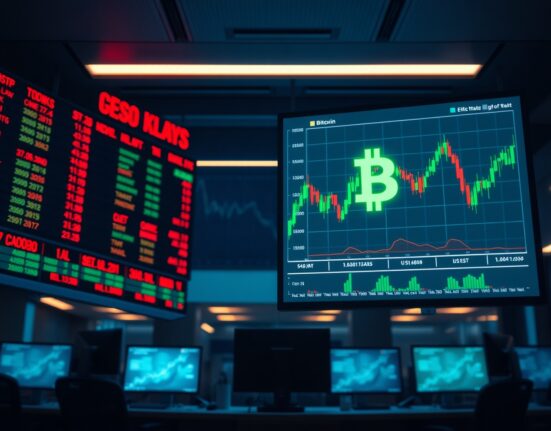 Split view of a stock exchange board showing red declines and a digital crypto chart with green gains, representing market divergence.