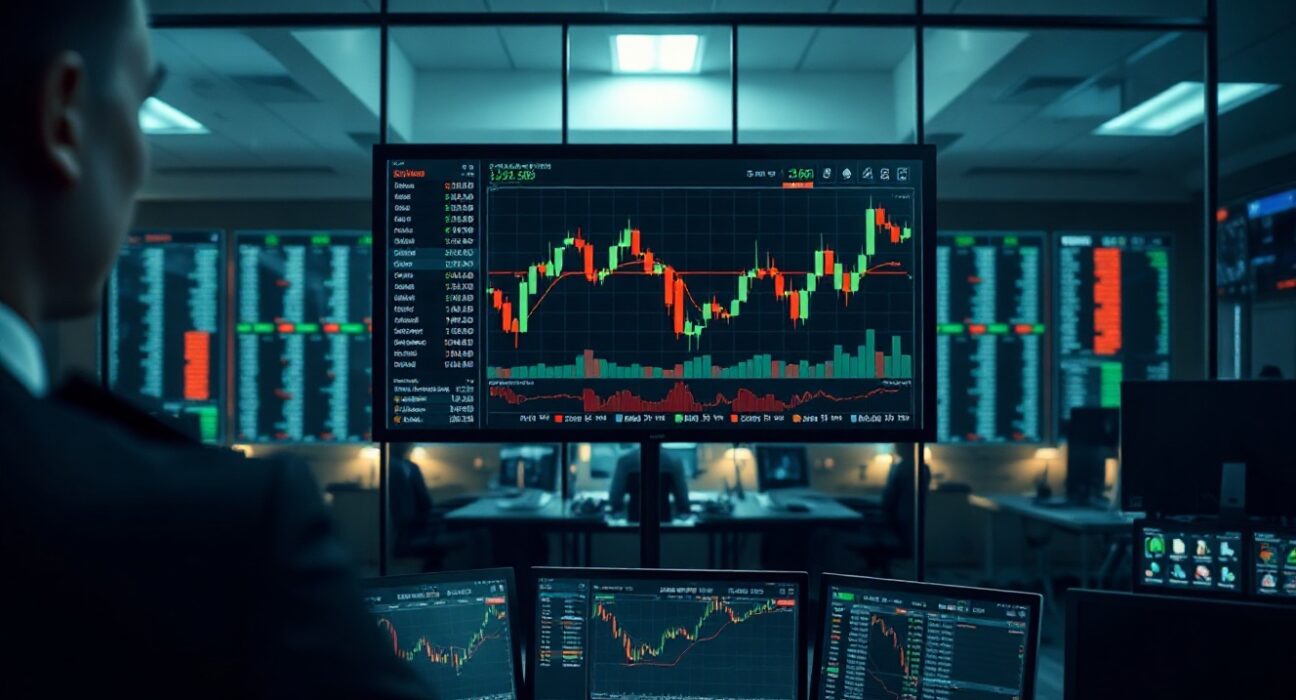 Trading screens showing crypto prices on a desk in a dimly lit office