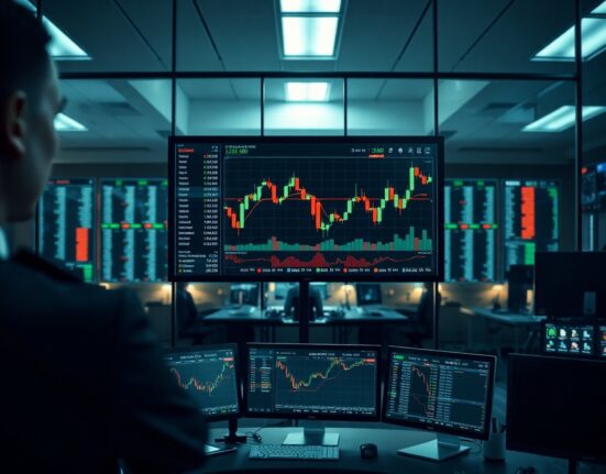 Trading screens showing crypto prices on a desk in a dimly lit office