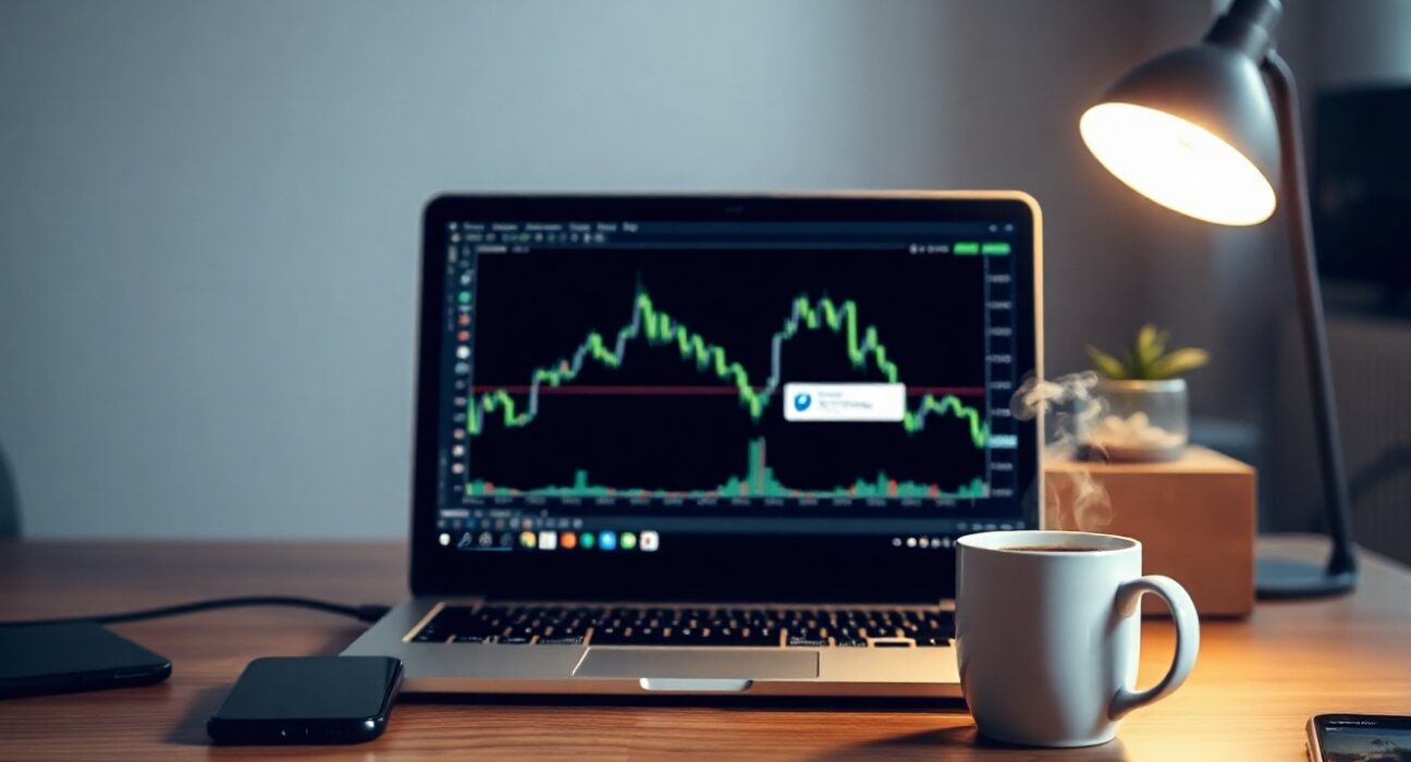 Laptop displaying cryptocurrency charts with a smartphone and coffee on a desk, representing crypto market analysis.