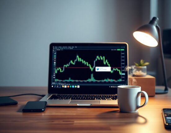 Laptop displaying cryptocurrency charts with a smartphone and coffee on a desk, representing crypto market analysis.