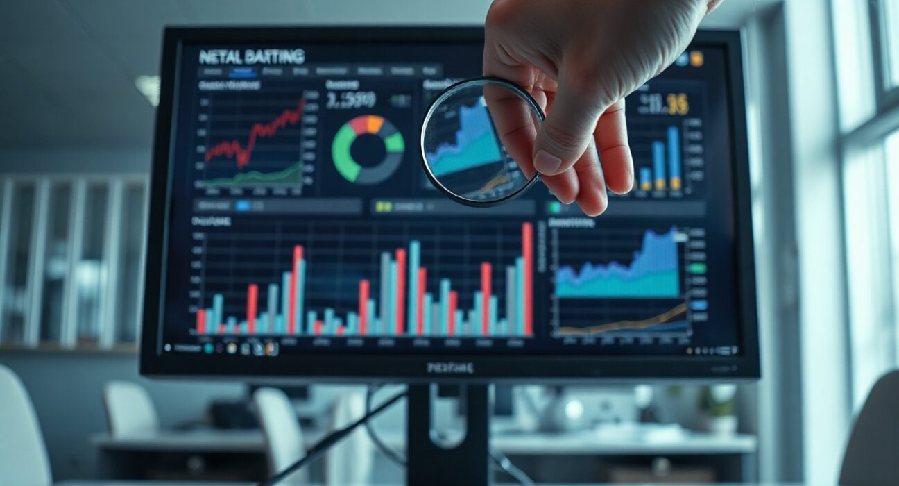 A magnifying glass inspecting a data dashboard on a computer monitor, representing scrutiny of crypto metrics.