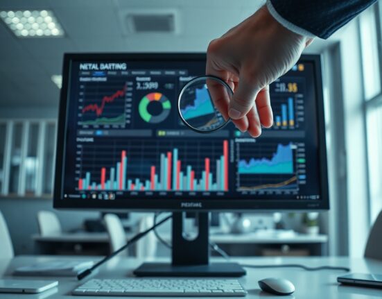 A magnifying glass inspecting a data dashboard on a computer monitor, representing scrutiny of crypto metrics.