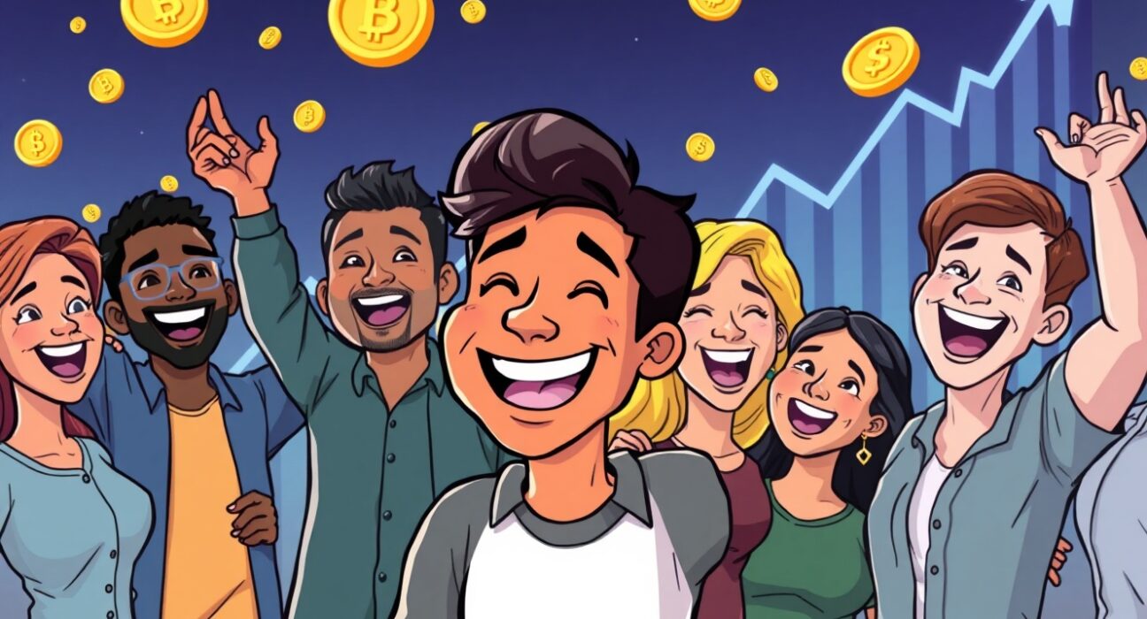 Cartoon illustration showing the significant surge in crypto millionaires and overall cryptocurrency wealth globally.