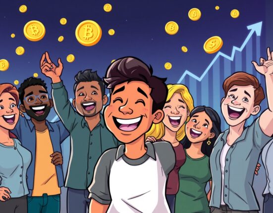 Cartoon illustration showing the significant surge in crypto millionaires and overall cryptocurrency wealth globally.